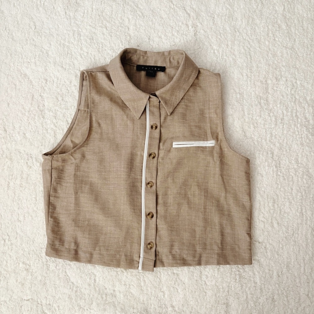 TULLEA Beige Tan Sleeveless Button-Up Collar Vest Shirt